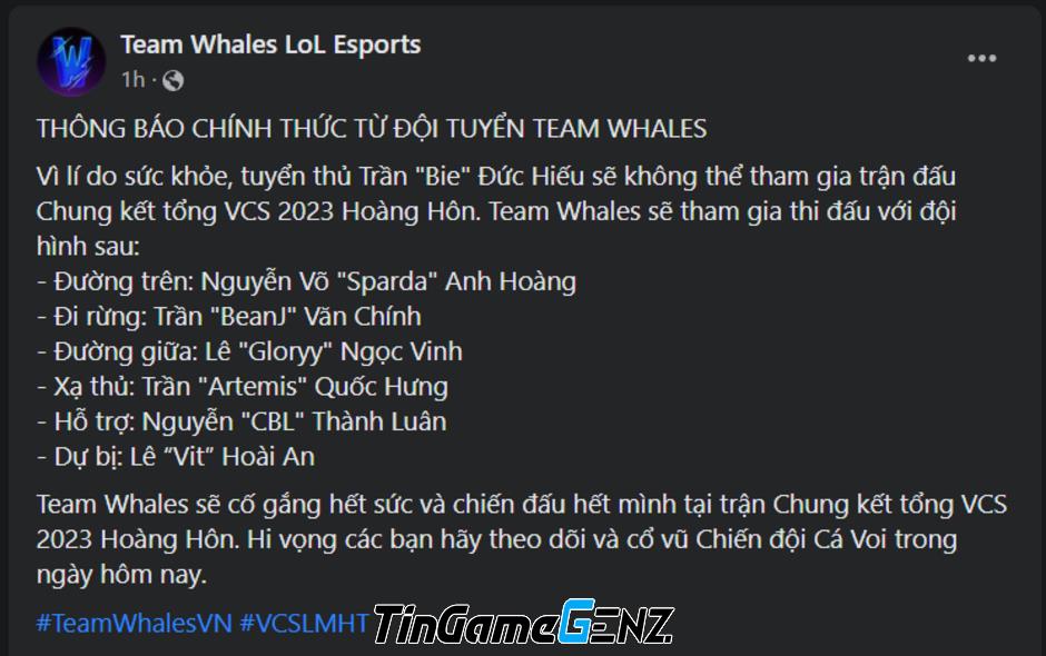 Team Whales gặp vấn đề nhân sự trước trận Chung kết VCS LMHT